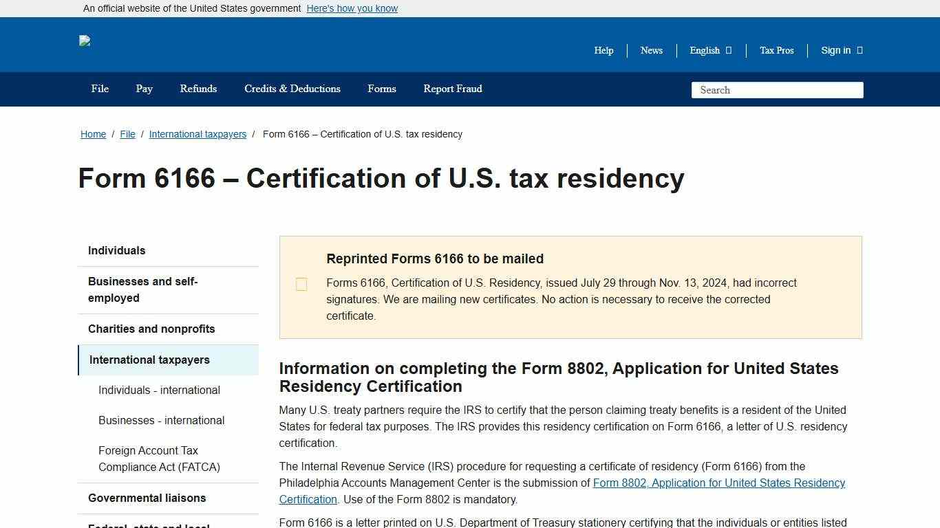 Form 6166 – Certification of U.S. tax residency Internal Revenue Service