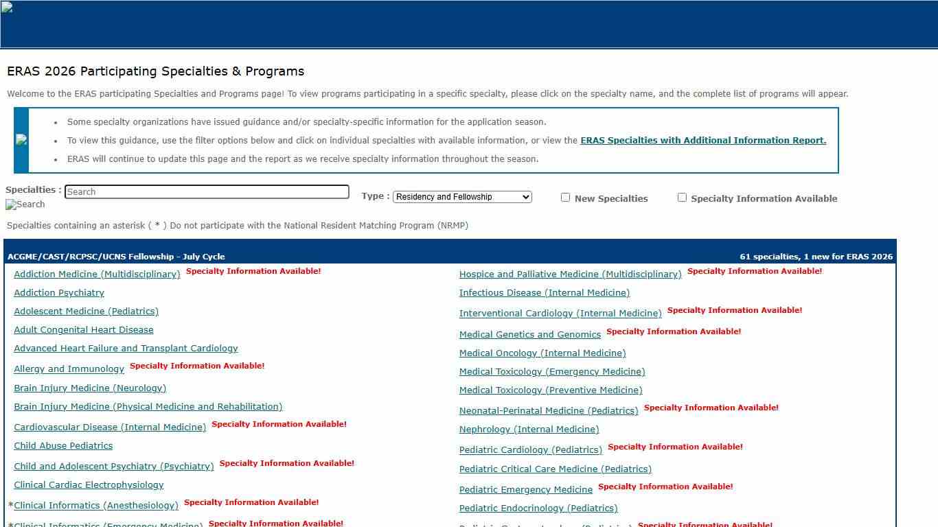 ERAS 2026 Participating Specialties & Programs